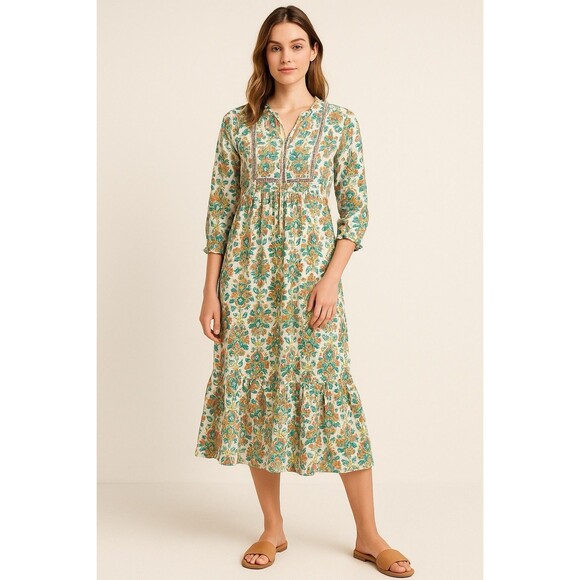SAKI 100% Cotton Boho Floral Peasant Dress Women’s Small Cottagecore Tiered Midi - Picture 1 of 9